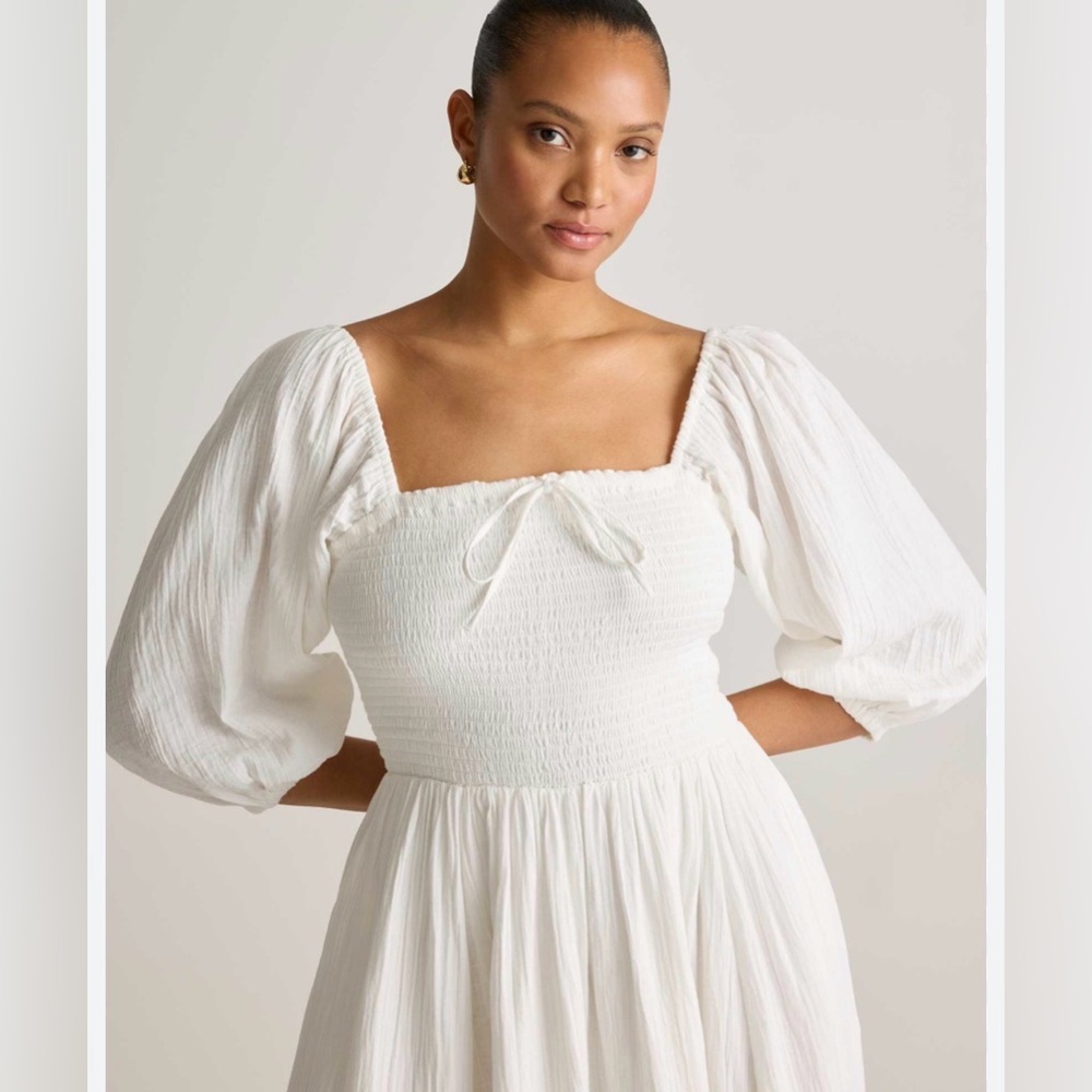 QUINCE Organic Cotton Gauze Smocked Square Neck Midi Dress, cream size small - Picture 2 of 11